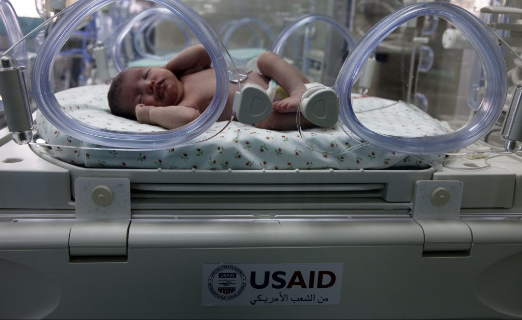 A newborn baby receives essential medical care at the Neonatal Intensive Care Unit (NICU) at Rafedia Hospital in Nablus, through USAID Health Project_0