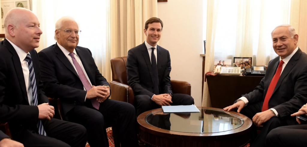 U.S. President Donald Trump's special Mideast envoy Jason Greenblatt, U.S. Ambassador to Israel David Friedman and senior aide Jared Kushner meeting Israeli premier Benjamin Netanyahu.